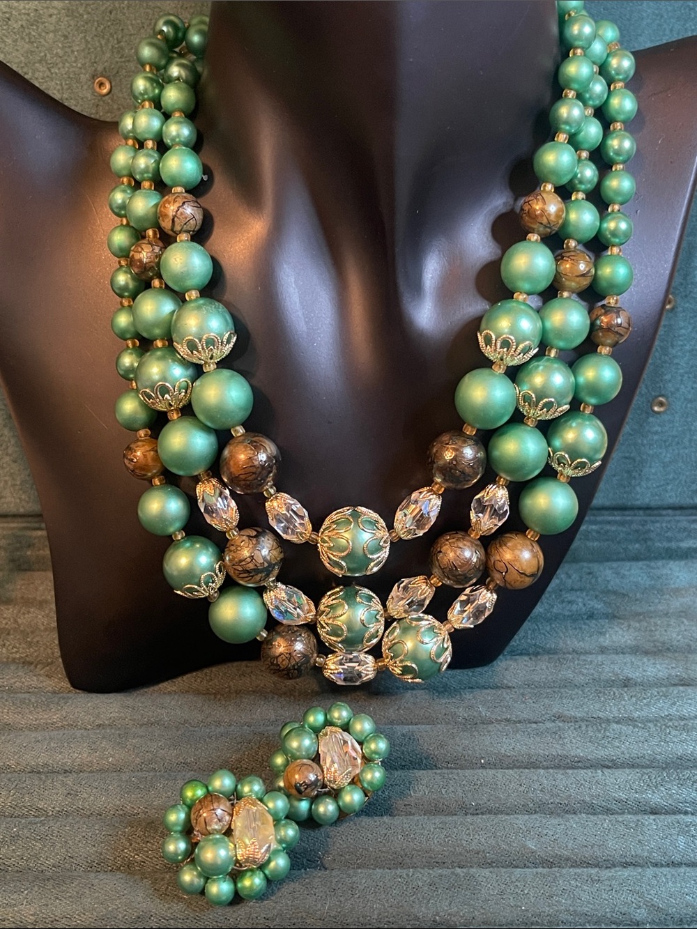 1960’s Japan Metallic Green Triple Strand Necklace & Earring Set